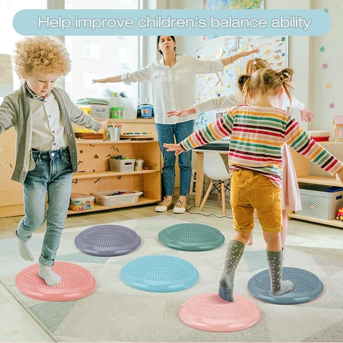 Amylove 6 Pcs Inflated Wobble Cushion Pump Wiggle Seat for Sensory Kids Flexible Seating Exercise Balance Disc Sensory Chair for Office School Home Equipment, Pump Included