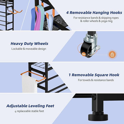 Weight Rack for Dumbbells, Home Gym Storage for Dumbbells Yoga Mat Kettlebells and Balls, All in One Workout Equipment Storage with Wheels and Hooks