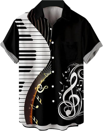 Music Shirts for Men Hawaiian Bowling Vintage Print Short Sleeve Casual Button Down Beach Big Tall Shirt