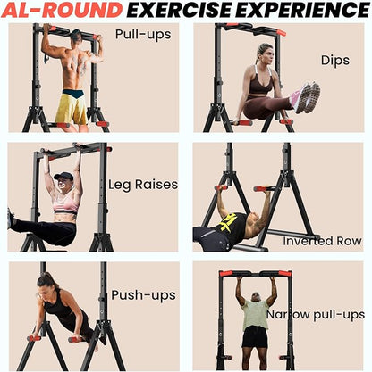 DOBESTS Foldable Power Tower Pull Up Bar Dip Station Adjustable Multifunction Workout Pull Up Tower Station Gym Strength Training Equipment for Home Outdoor, Triangular Legs, Support 700lbs