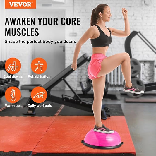 VEVOR Half Exercise Ball Trainer, 23/26 inch Balance Ball Trainer, 1500lbs Capacity Stability Ball, Yoga Ball with Resistance Bands & Foot Pump, Strength Fitness Ball for Home Gym Full Body Workout Black