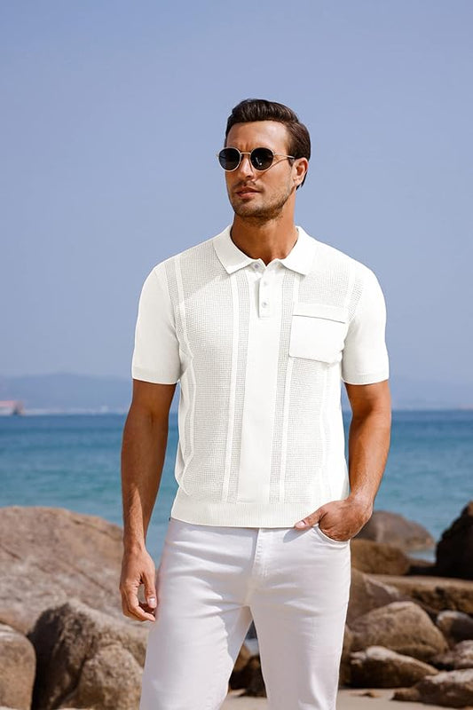 GRACE KARIN Mens Knit Polo Shirts Short Sleeve Knitted Texture Lightweight Waffle Golf Shirts Sweater