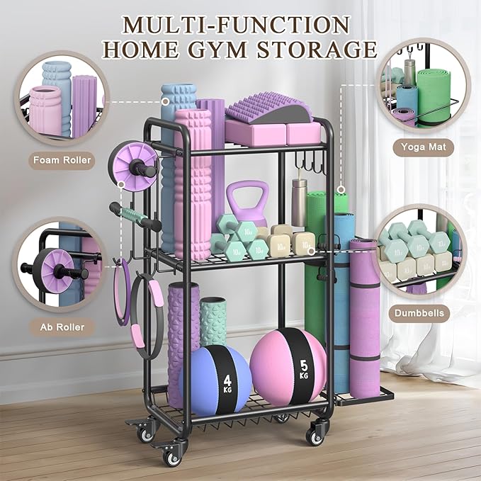Weight Rack for Home Gym, All in One Yoga Mat Storage Rack, Workout Equipment Storage with Wheels and Hooks for Dumbbells Kettlebells Foam Rollers, Powder Coated Finish Steel