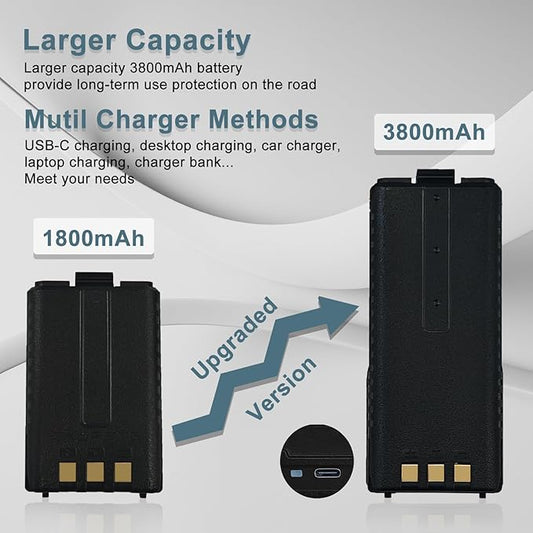BAOFENG UV-5R Radio Battery Extended 3800mAh USB-C Charging BF-F8HP New BF-F8 Rechargeable Bl-5 Two