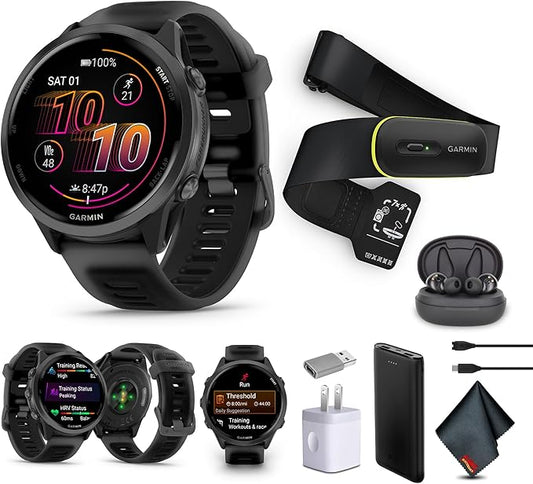 Garmin Forerunner 570 Running Smartwatch, 47MM WiFi, GPS Fitness Smart Watch for Men and Women, Slate Gray Aluminum with Translucent Black/Black Band + Access 600 Fitness Monitor, XS-S + More
