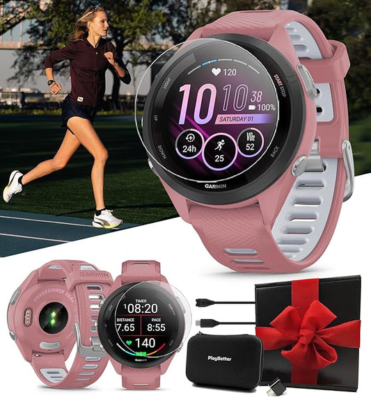 Garmin Forerunner 265S (Light Pink/Whitestone) Running GPS Smartwatch | Colorful AMOLED Display, Training Metric, & Recovery Insights | Gift Bundle with HD Screen Protectors, Wall Adapter & Hard Case