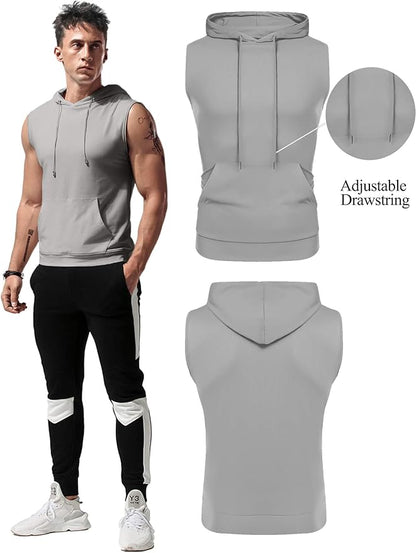 Babioboa Men's Workout Hooded Tank Tops Sleeveless Gym Hoodies Bodybuilding Muscle Cut Off T-Shirts
