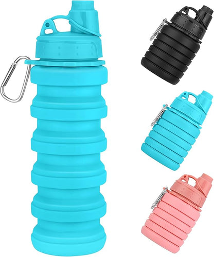Collapsible Water Bottles 17oz, Reuseable BPA Free Silicone Foldable Water Bottle With Carabiner, Lightweight Leakproof Travel Water Bottle for Gym, Traveling, Camping, Hiking, Sports-Blue