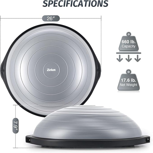 ZELUS 25in. Balance Ball | 660lb Inflatable Half Exercise Ball Wobble Board Balance Trainer w Nonslip Base | Half Yoga Ball Strength Training Equipment w 2 Bands, Pump, Extra Ball Included