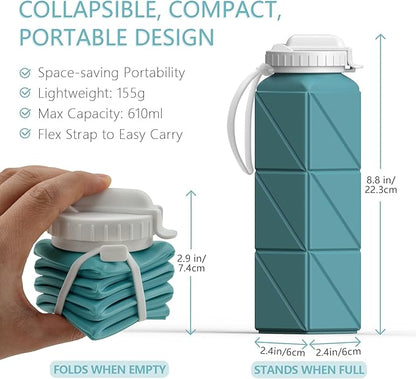 Collapsible Water Bottles with Straw 20.6oz, Silicone Foldable Portable Water Bottle, Lightweight Reusable Leakproof for Travel Camping Hiking Cycling Yoga Sports, 1 Pack (Blue)