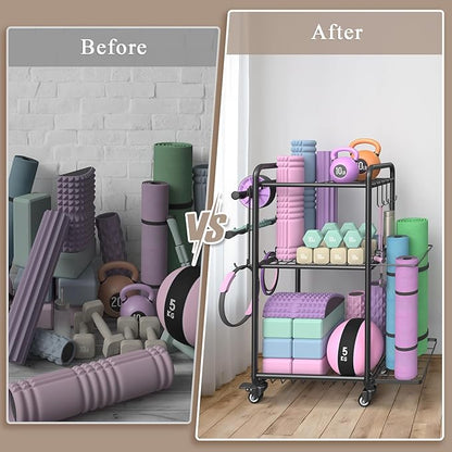 Weight Rack for Home Gym, All in One Yoga Mat Storage Rack, Workout Equipment Storage with Wheels and Hooks for Dumbbells Kettlebells Foam Rollers, Powder Coated Finish Steel