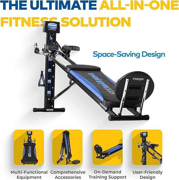 Total Gym XLS Men/Women Universal Total Body Training Home Gym Workout Machine with Squat Stand, Leg Pull, 2 Ankle Cuffs, and Exercise Chart