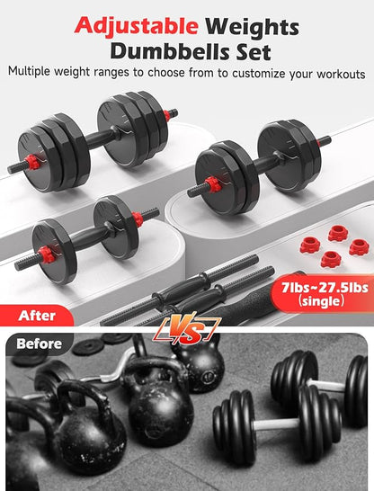 Adjustable Dumbbells, 20/30/40/55/60/70/80/90lbs Free Weights Dumbbells Convertible 2 or 3 in 1 Set Used as Barbell, Kettlebells, A Pair of Lightweight for Home Gym