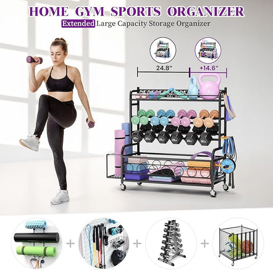 Dumbbell Rack, VOPEAK Weight Rack for Home Gym, Home Gym Storage Rack for Yoga Mat Kettlebells and Strength Training Equipment, Weight Storage Rack for Dumbbells with Wheels