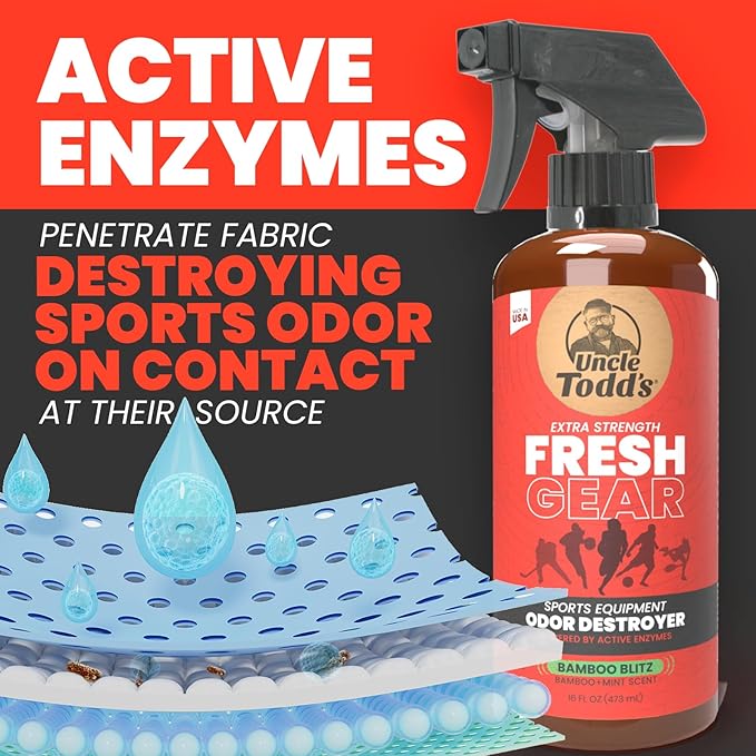 Uncle Todd's Fresh Gear Sports Equipment Odor Eliminator Spray - Extra Strength Enzyme-Powered Deodorizer for Football, Hockey, Gym Bags, and Athletic Gear - Bamboo Blitz Scent - 16 oz