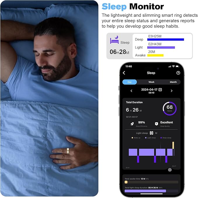 Smart Ring Health Tracker for Men/Women,Fitness Ring Sleep Tracker,Fast Charging for Long-Lasting Use,for Pedometer Exercise,Monitor Sleep, Heart Rate, Stress,Waterproof (Silver, 9)