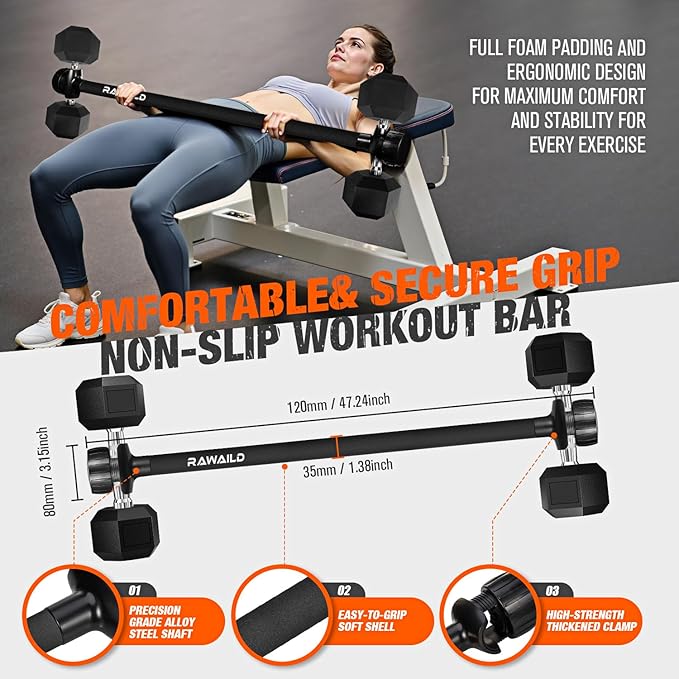 Dumbbell Converter, Convert Dumbbells to Barbell Set, Weight Bar for Bench Presses, Squats, Hip Thrust, Deadlifts, Home Weightlifting and Strength Training, Up to 300lbs, Versatile Home Gym Equipment