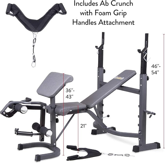 Body Champ Olympic Weight Bench, Workout Equipment for Home Workouts, Bench Press with Preacher Curl, Leg Developer and Crunch Handle At Dark Gray/Black, BCB5860