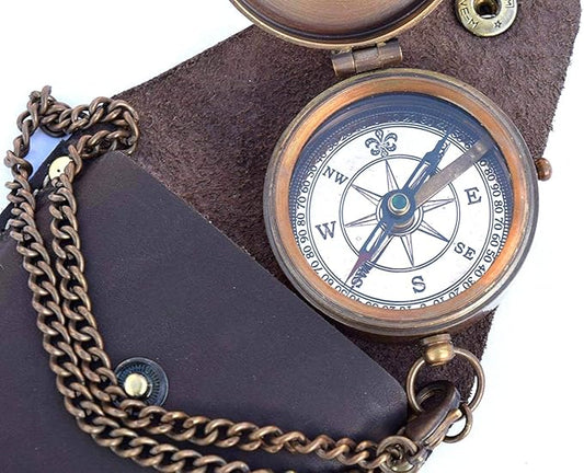 Engravable Compass Nautical Pocket Brass Compass with Leather