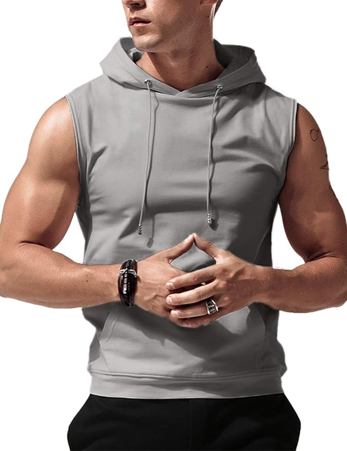 Babioboa Men's Workout Hooded Tank Tops Sleeveless Gym Hoodies Bodybuilding Muscle Cut Off T-Shirts