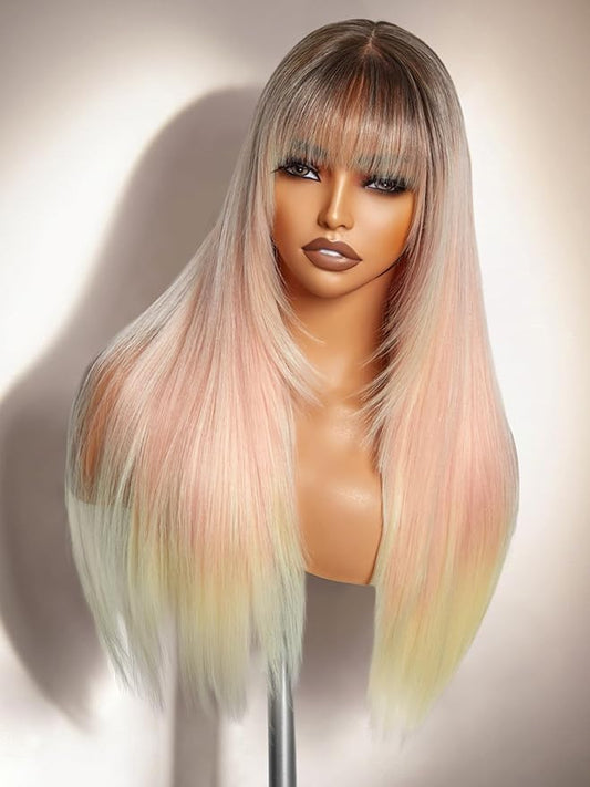 GORGIUS Straight Glueless Wig with Bangs Ombre Peach Pink Layered Hair Ready-to-Go Synthetic Bang Wigs with Realistic Scalp 24 Inch