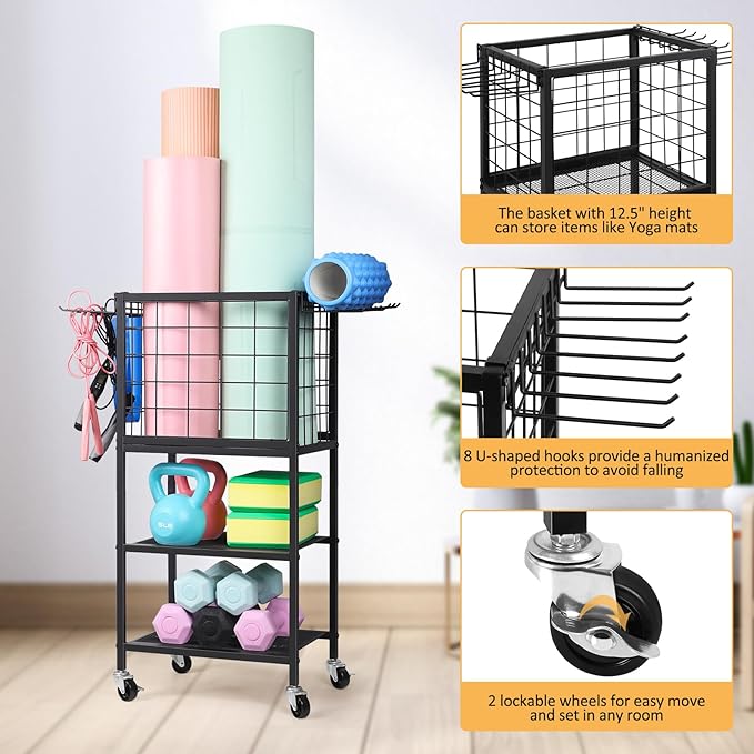 Weight Rack for Home Gym Dumbbells Yoga Mat Storage Rack Cart Small Metal Wood Home Gym Workout Equipment Storage with Hooks for Yoga Block Foam Rollers Resistance Bands