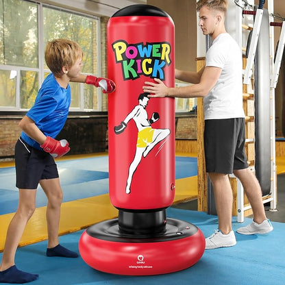 QPAU Kids Punching Bag Toy with Boxing Gloves, 66 Inch Larger Stable Kids Inflatable Boxing Bag Set, Gifts for Boys & Girls Age 6-12, for Practicing Karate, Taekwondo, MMA