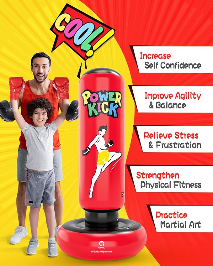 QPAU Kids Punching Bag Toy with Boxing Gloves, 66 Inch Larger Stable Kids Inflatable Boxing Bag Set, Gifts for Boys & Girls Age 6-12, for Practicing Karate, Taekwondo, MMA
