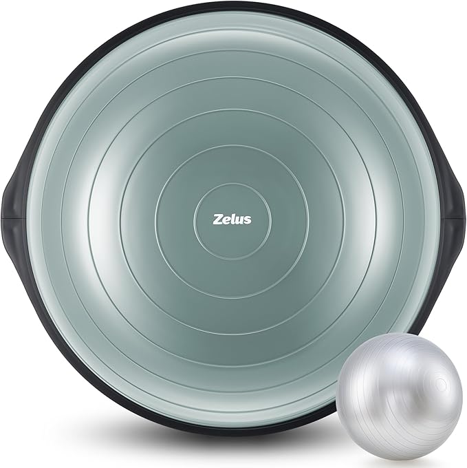 ZELUS 25in. Balance Ball | 660lb Inflatable Half Exercise Ball Wobble Board Balance Trainer w Nonslip Base | Half Yoga Ball Strength Training Equipment w 2 Bands, Pump, Extra Ball Included