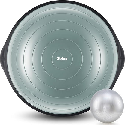 ZELUS 25in. Balance Ball | 660lb Inflatable Half Exercise Ball Wobble Board Balance Trainer w Nonslip Base | Half Yoga Ball Strength Training Equipment w 2 Bands, Pump, Extra Ball Included