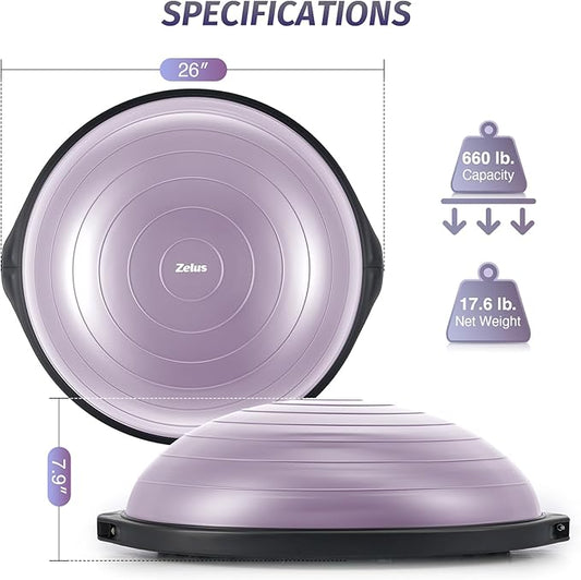 ZELUS 25in. Balance Ball | 660lb Inflatable Half Exercise Ball Wobble Board Balance Trainer w Nonslip Base | Half Yoga Ball Strength Training Equipment w 2 Bands, Pump, Extra Ball Included
