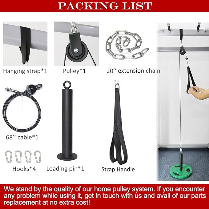 Cable Pulley System Gym Equipment, Squat Rack Accessories for LAT Pulldown, Tricep, Bicep, Arm Workouts - DIY Home Gym Cable Machine - Weight Plates Loading Pin