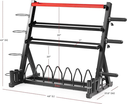 Sunny Health & Fitness Multi-Weight Storage Rack Stand for Dumbbells, Kettlebells, Olympic Weight Plates, Barbell, Medicine Ball
