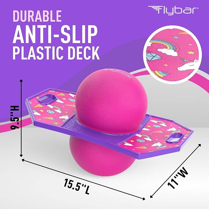 Flybar Pogo Trick Ball for Kids, Bounce Board for Boys and Girls Ages 6+, Up to 160 lbs, Includes Pump, Easy to Carry Handle, Durable Plastic Deck Indoor, Outdoor Toy Pogo Jumper,
