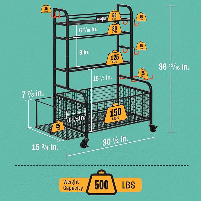 Yes4All Dumbbell Rack, Weight Rack for Home Gym, Sports Equipment Organizer for Dumbbells Kettlebells Yoga Mat Foam Roller and Balls, All in One Gym Workout Storage with Wheels and Hooks