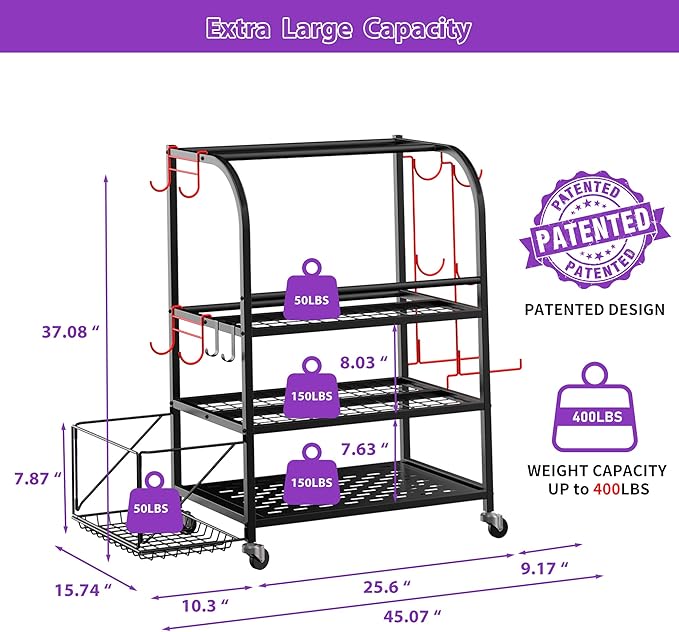 Dumbbell Rack, Weight Rack for Home Gym, 400LBS Metal Home Gym Storage with Lockable Wheels & 4 Adjustable Hooks, Weight Stand for Yoga Mat Storage, Dumbbells, Kettlebell, Foam Roller, Resistance Bands (Black)