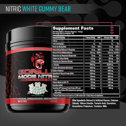 Gorilla Mode Nitric Upgraded Stimulant Free Pre-Workout – Best Tasting and Most Effective Stimulant Free Pre-Workout/Massive Pumps · Vasodilation · Power / 780 Grams (White Gummy Bear)