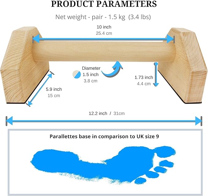 Calisthenics Wood Parallettes Bars | Push Up Bar That Will Not Slip or Wobble | Wrist Wraps Included