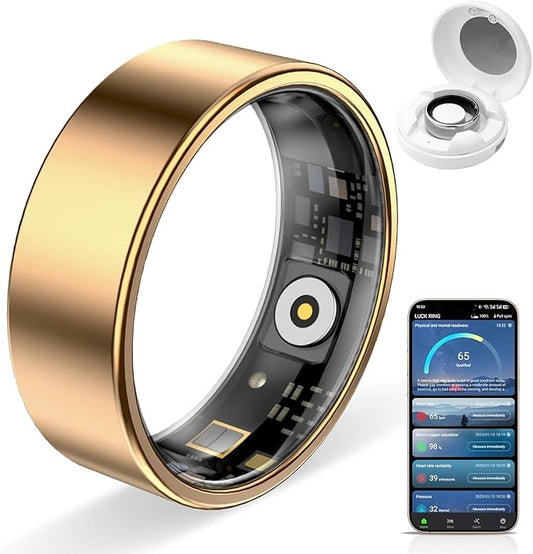 Smart Ring Pro, Fitness Tracker with Heart Rate, Blood Pressure, Stress, Sleep Tracking, Step Tracking, 10ATM Waterproof, Smart Ring for iPhone and Android (Gold 2.0, 8)