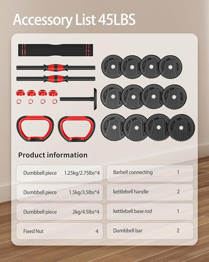 Adjustable Dumbbells, 10/25/35/55/70/90lbs Free Weight Set with Connector, 4 in1 Dumbbells Set Used as Barbell, Kettlebells, Push up Stand, Fitness Exercises for Home Gym Suitable Men/Women
