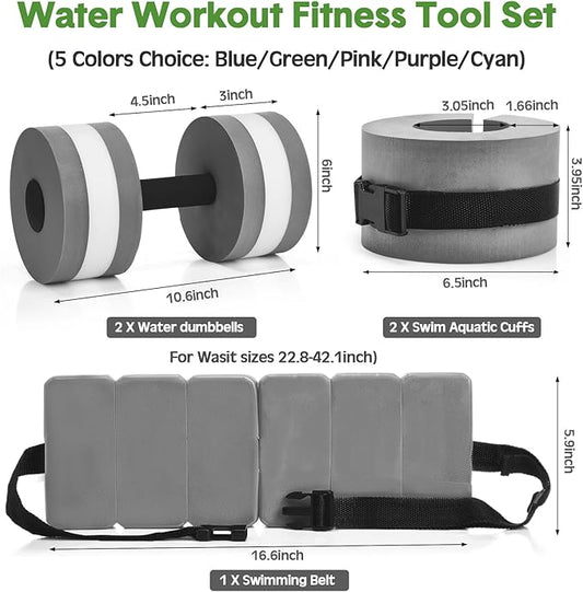 5 Pcs Aquatic Exercise Set Including 2 Ankle Swimming Weights 2 Lightweight Aquatic Exercise Dumbbells and Swim Belt Pool Exercise Equipment for Aquatic Aerobics Exercise