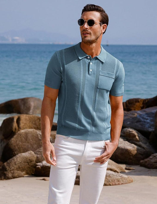 GRACE KARIN Mens Knit Polo Shirts Short Sleeve Knitted Texture Lightweight Waffle Golf Shirts Sweater