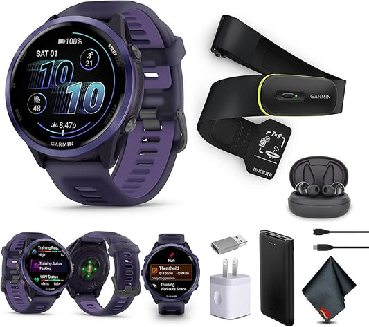 Garmin Forerunner 570 Running Smartwatch, 47MM WiFi, GPS Fitness Watch for Men and Women, Indigo Aluminum with Translucent Imperial Purple/Indigo Band + Access 600 Fitness Monitor, XS-S + More