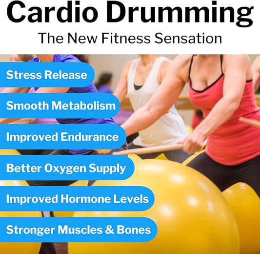Cardio Drumming Equipment Set - 26" Exercise Ball with Pump and Weighted Cardio Drumming Sticks with Grips - Fitness Yoga Ball Drumsticks Workout for Balance, Rhythm, Aerobic Moves, Dance, Gymnastics