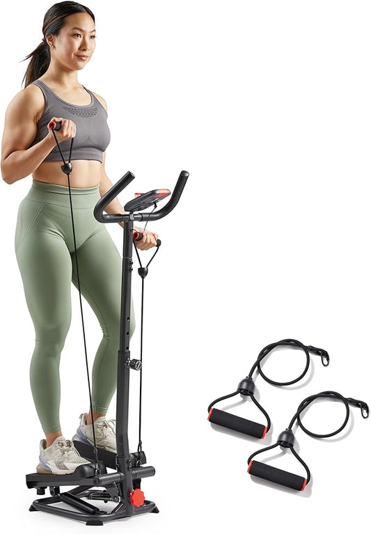 Sunny Health & Fitness Total Body 2-in-1 Smart Stepper Machine for Home with Handlebar and Resistance Bands, Total Body Workout, Adjustable Hydraulic, LCD Monitor, Non-Slip Pedals – 330 LB Max Weight