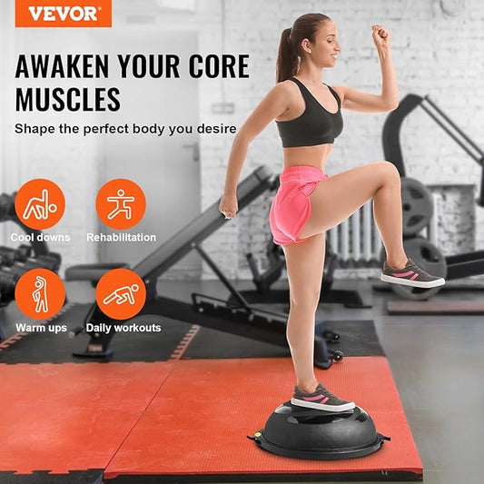 VEVOR Half Exercise Ball Trainer, 23/26 inch Balance Ball Trainer, 1500lbs Capacity Stability Ball, Yoga Ball with Resistance Bands & Foot Pump, Strength Fitness Ball for Home Gym Full Body Workout Black