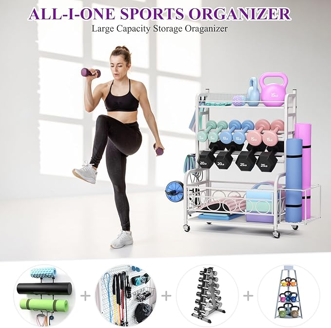 Dumbbell Rack, VOPEAK Weight Rack for Home Gym, Home Gym Storage Rack for Yoga Mat Kettlebells and Strength Training Equipment, Weight Storage Rack for Dumbbells with Wheels