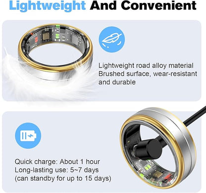 Smart Ring Health Tracker for Men/Women,Fitness Ring Sleep Tracker,Fast Charging for Long-Lasting Use,for Pedometer Exercise,Monitor Sleep, Heart Rate, Stress,Waterproof (Silver, 9)