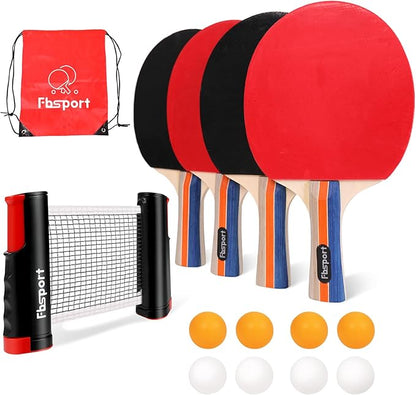 FBSPORT Ping Pong Paddle Set, Table Tennis Set with 4 Rackets and 8 Balls, Retractable Net with Storage Bag - Pingpong Paddle Accessories for Indoor/Outdoor Games