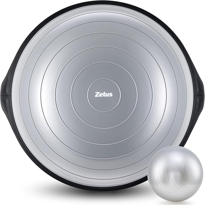 ZELUS 25in. Balance Ball | 660lb Inflatable Half Exercise Ball Wobble Board Balance Trainer w Nonslip Base | Half Yoga Ball Strength Training Equipment w 2 Bands, Pump, Extra Ball Included
